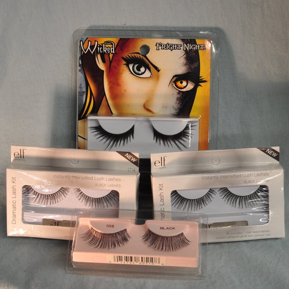 Buy2Get1 -bundle lot of 4 pairs all black false eyelashes & silver eyeliner (38)